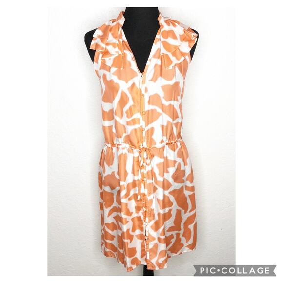 LOFT Dresses & Skirts - LOFT orange cream ruffle trim button front silk dress size 6 Petite 6P
